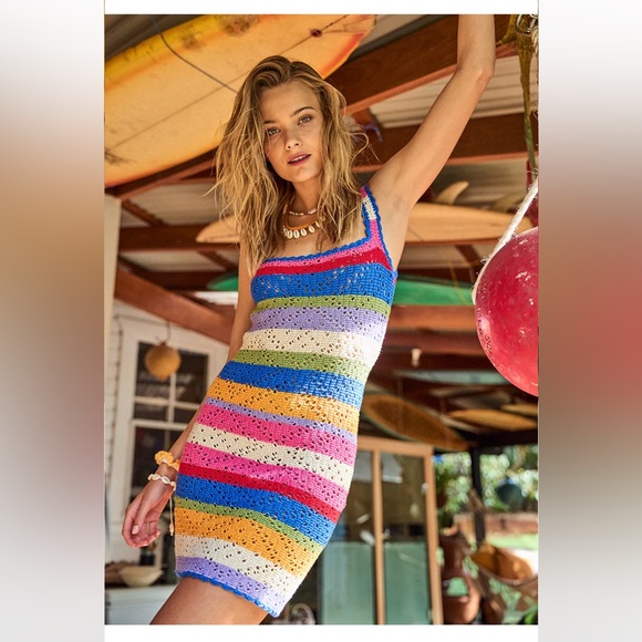 Colorful Striped Crochet Mini Dress Jemima Ghanda S Festival Boho Retro NEW - Picture 1 of 10